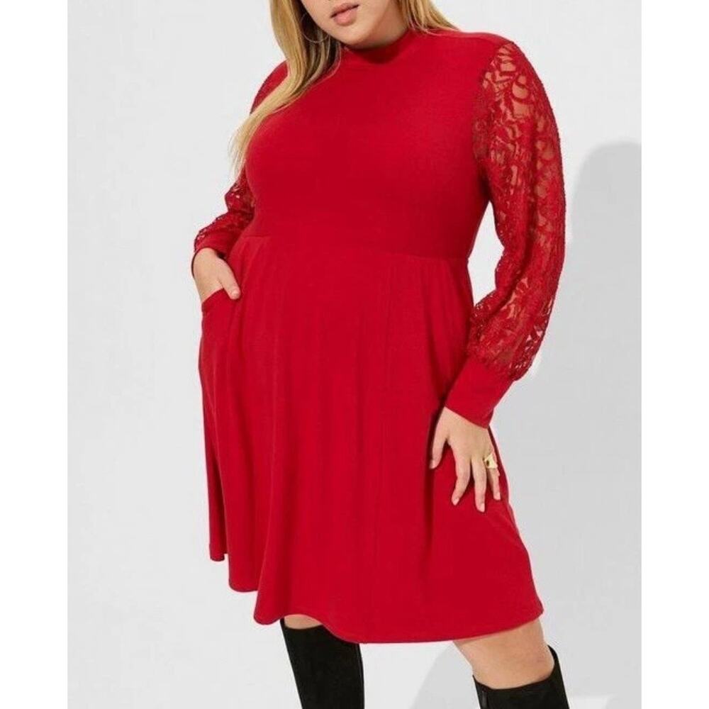 Red Lace Sleeve Fit & Flare Dress